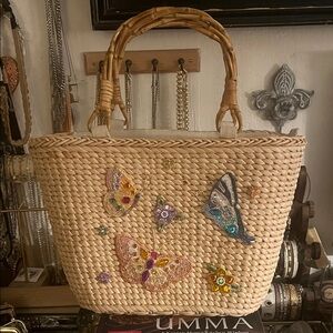 Cappelli Straworld Straw Tote w/ Colorful Butterfly Rhinestones & Sequins